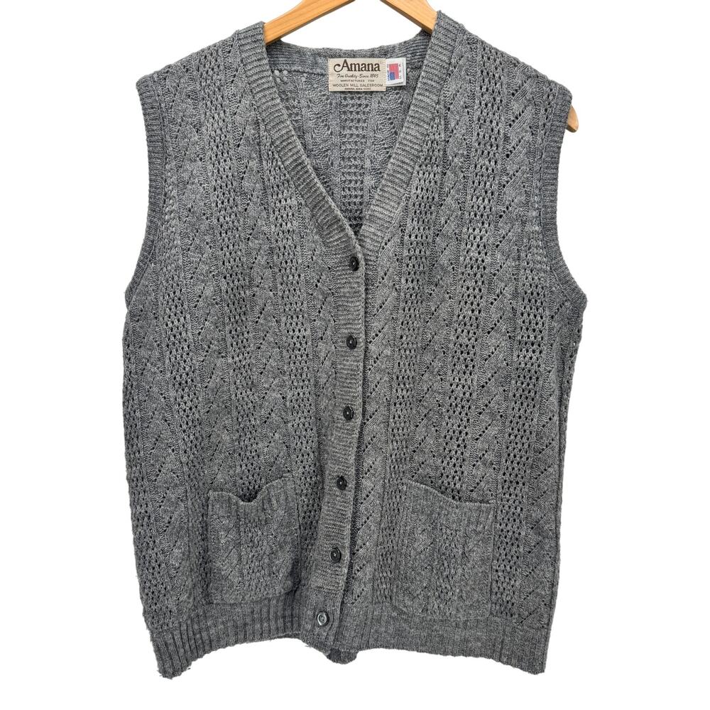 Vintage Amana‎ Sweater Womens Large Gray Wool Pointelle Knit Vest Made in USA